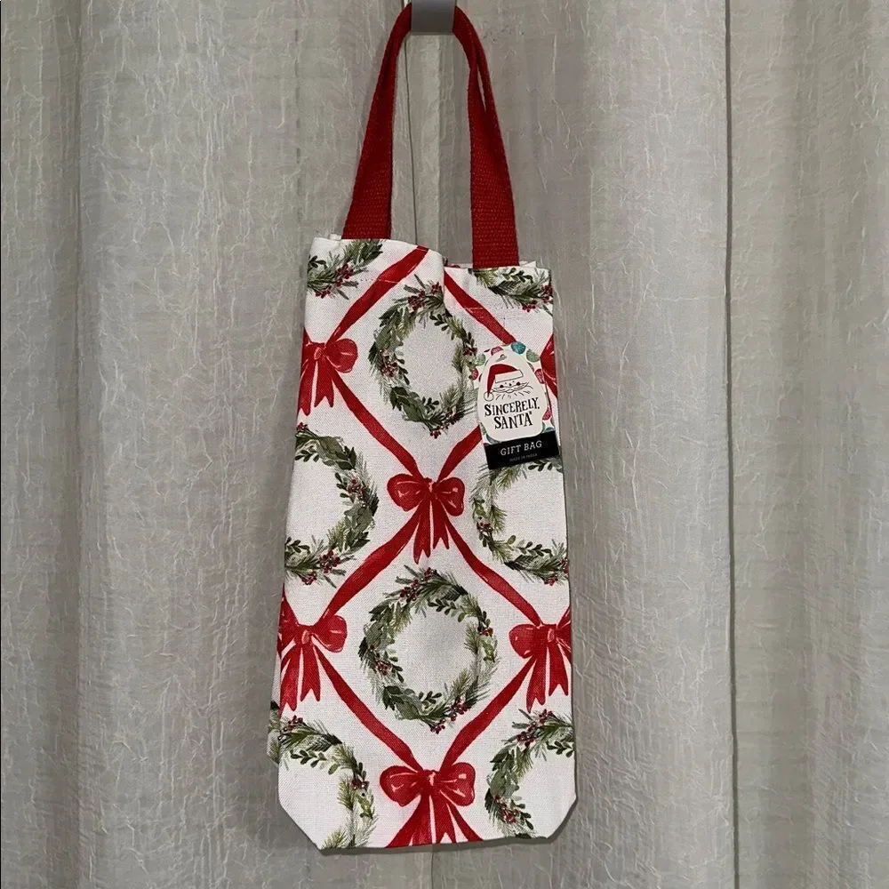 Sincerely Santa White Red Green Christmas Wreath Red Bow Canvas Wine Gift Bag
